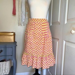 Lilly Pulitzer Peach/Green Pintuck, white lined Elastic Waist MIDI Skirt